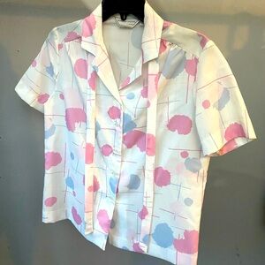 Vintage Donovan-Galvani Of Dallas White Pink Blue Blouse BowTie USA 70-80s